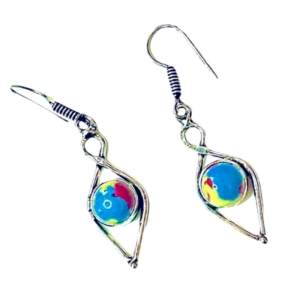 New Artisan Yellow Pink Blue Mosaic Jasper Sterling Silver Minimalist Earrings - Picture 1 of 11